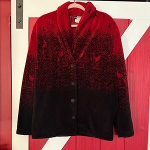 Vintage USA Made Artisans Cardinal Bird Red Gradient Fleece Cardigan Sweater M